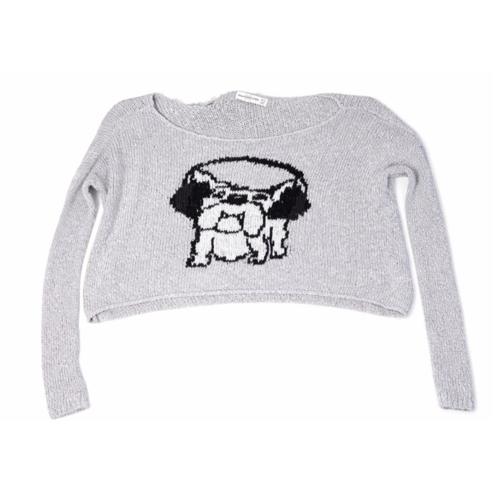 Abercrombie & Fitch Cropped Dog Sweater XS S Gray Knit Long Sleeve (Rip In Back) - Picture 2 of 6